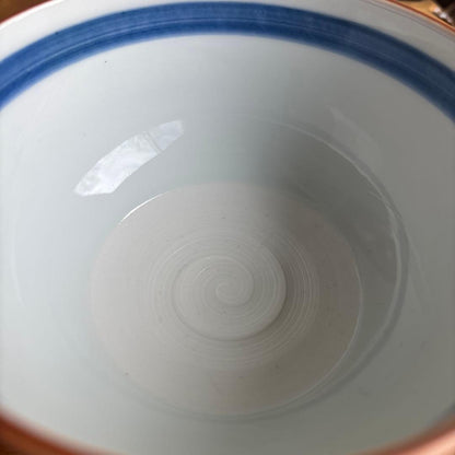 Kyo-yaki Chawan Blue White Fukuju — Grapevine Arabesque, Signed Box