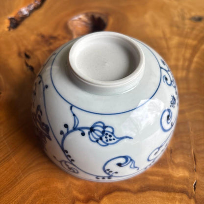 Kyo-yaki Chawan Blue White Fukuju — Grapevine Arabesque, Signed Box