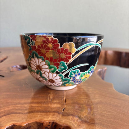 Kyoto-yaki Chrysanthemum Enameled Matcha Bowl by Okada Sekiun