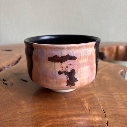 Raku Style Matcha Bowl with Boy and Pine Motif by Maruke Togyo — Japanese Tea Ceremony Chawan, Tomobako