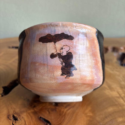 Raku Style Matcha Bowl with Boy and Pine Motif by Maruke Togyo — Japanese Tea Ceremony Chawan, Tomobako