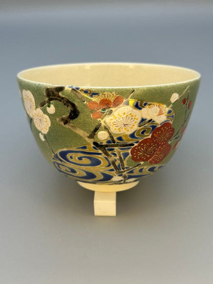 Plum Chawan by Tsuji Kozan – Japanese Tea Bowl – Korin Water Pattern – Japan