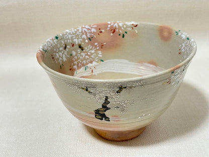 Sakuma Shozan Matsusaka Banko Iro-e Sakura Chawan | Polychrome Cherry Blossom Tea Bowl with Paulownia Tomobako