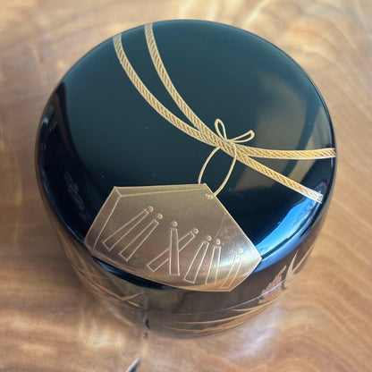 Yoshida Toshiaki — Inaho Maki-e Dainas | Lacquered Tea Caddy with Gold Rice Ear Design, Tomobako