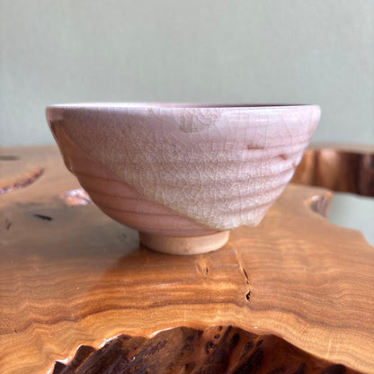 Gohon-de Matcha Bowl by Kaike-gama, Yonago — Warm Pink Crackle Glaze with Tomobako
