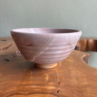 Gohon-de Matcha Bowl by Kaike-gama, Yonago — Warm Pink Crackle Glaze with Tomobako