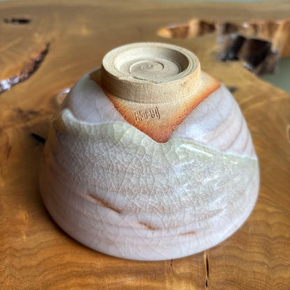 Gohon-de Matcha Bowl by Kaike-gama, Yonago — Warm Pink Crackle Glaze with Tomobako