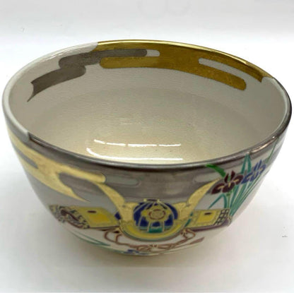 Ninsei-Style Kabuto Helmet Tea Bowl by Heian Shodo - Kyo-Yaki Iro-e Chawan with Iris