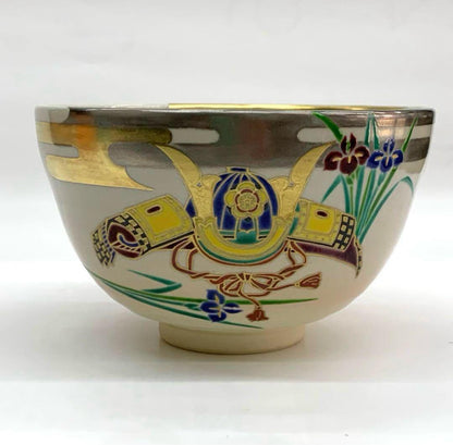 Ninsei-Style Kabuto Helmet Tea Bowl by Heian Shodo - Kyo-Yaki Iro-e Chawan with Iris