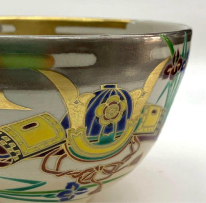 Ninsei-Style Kabuto Helmet Tea Bowl by Heian Shodo - Kyo-Yaki Iro-e Chawan with Iris