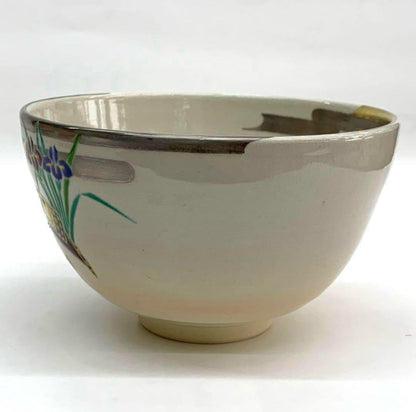 Ninsei-Style Kabuto Helmet Tea Bowl by Heian Shodo - Kyo-Yaki Iro-e Chawan with Iris