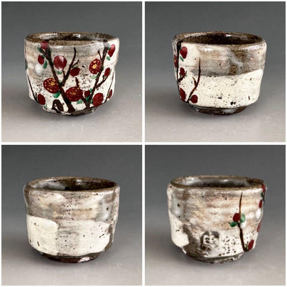 Red Plum Blossom Sake Cup by Arakawa Takeo - Suigetsu Kiln Mino Ware