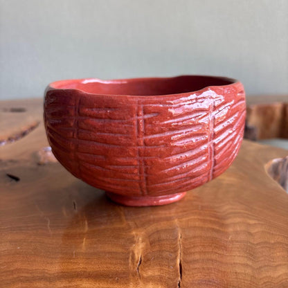 Red Raku Tawara Tea Bowl with Gold Kotobuki by Ono Keizan