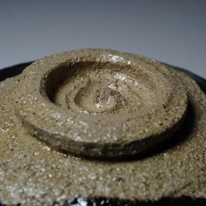Ogawa Choraku Black Raku Tea Bowl with Do-jime Waist and Twisted Carving