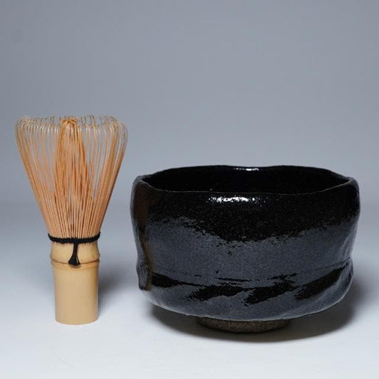 Ogawa Choraku Black Raku Tea Bowl with Do-jime Waist and Twisted Carving