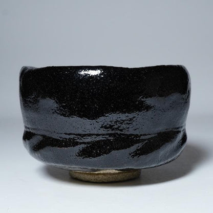 Ogawa Choraku Black Raku Tea Bowl with Do-jime Waist and Twisted Carving