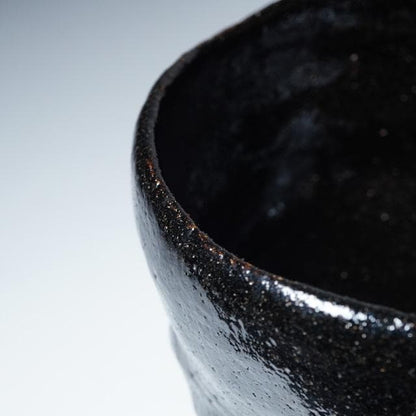 Ogawa Choraku Black Raku Tea Bowl with Do-jime Waist and Twisted Carving
