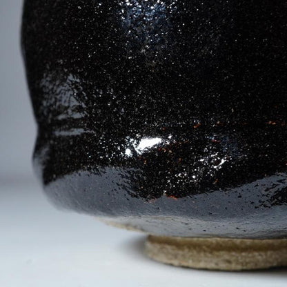 Ogawa Choraku Black Raku Tea Bowl with Do-jime Waist and Twisted Carving