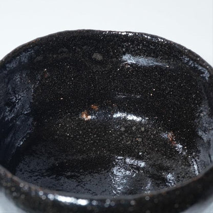 Ogawa Choraku Black Raku Tea Bowl with Do-jime Waist and Twisted Carving