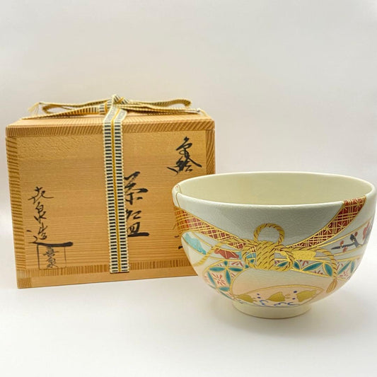 Hashimoto Kisen Taba-noshi Chawan — Iro-e Auspicious Tea Bowl, Kyo-yaki Kyoto Ceramics, Tomobako, Japanese Tea Ceremony