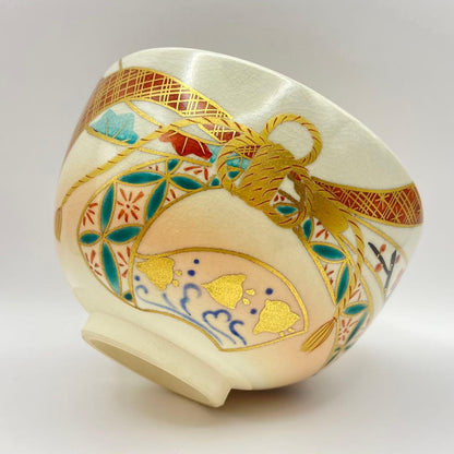 Hashimoto Kisen Taba-noshi Chawan — Iro-e Auspicious Tea Bowl, Kyo-yaki Kyoto Ceramics, Tomobako, Japanese Tea Ceremony