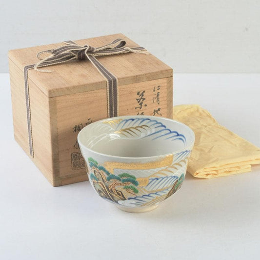 Ninsei-Style Kyo-yaki Tea Bowl – Pine Wave Design – Tezuka Toho – Japan