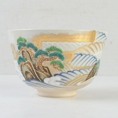 Ninsei-Style Kyo-yaki Tea Bowl – Pine Wave Design – Tezuka Toho – Japan