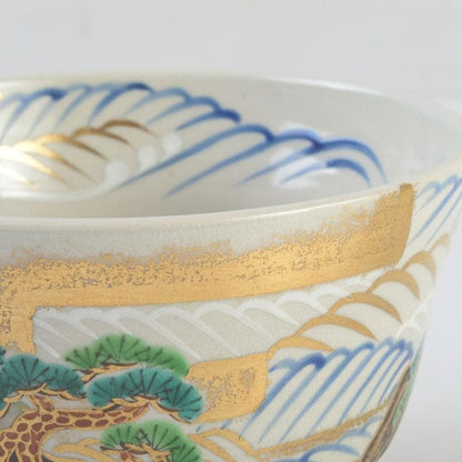 Ninsei-Style Kyo-yaki Tea Bowl – Pine Wave Design – Tezuka Toho – Japan