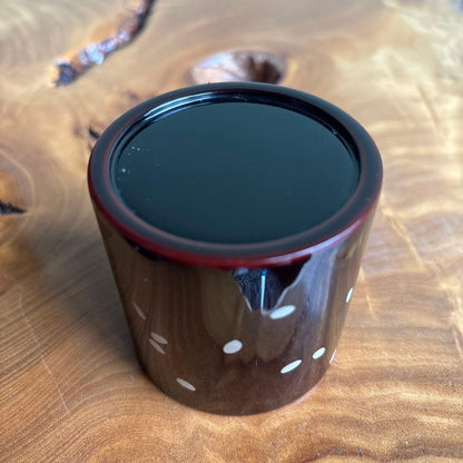 Nakade Shoho Otafuku Maki-e Kinrinji Natsume — Deep Brown Lacquer with White Dots, Hidden Face Inside Lid, Signed Box