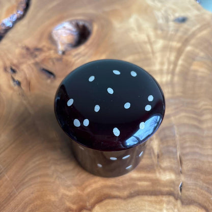 Nakade Shoho Otafuku Maki-e Kinrinji Natsume — Deep Brown Lacquer with White Dots, Hidden Face Inside Lid, Signed Box