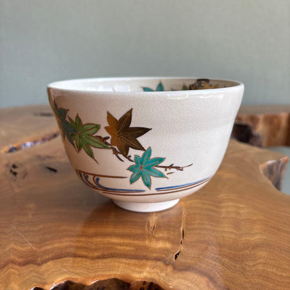 Kyo Ware Matcha Bowl — Ninsei Style Green Maple and Flowing Water, Ueyama Ikko, Signed Box
