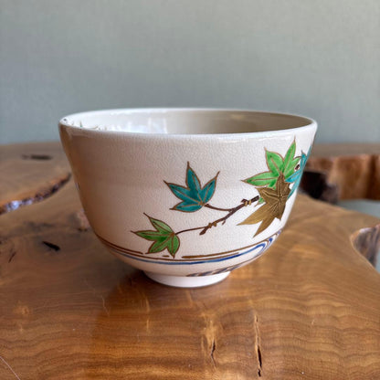 Kyo Ware Matcha Bowl — Ninsei Style Green Maple and Flowing Water, Ueyama Ikko, Signed Box