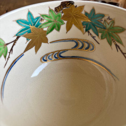 Kyo Ware Matcha Bowl — Ninsei Style Green Maple and Flowing Water, Ueyama Ikko, Signed Box