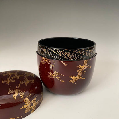 Wajima Lacquer Chidori Maki-e O-Natsume by Hirano Keizan - Gold Plover Tea Caddy
