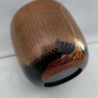 Hosoi Masao Willow Maki-e Natsume Kirikane Gold Mesh Vermillion Tea Caddy