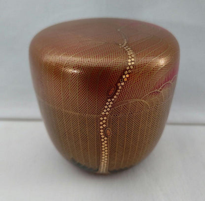 Hosoi Masao Willow Maki-e Natsume Kirikane Gold Mesh Vermillion Tea Caddy