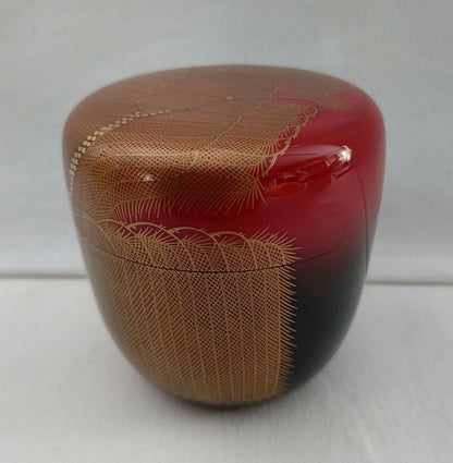Hosoi Masao Willow Maki-e Natsume Kirikane Gold Mesh Vermillion Tea Caddy