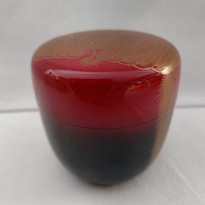 Hosoi Masao Willow Maki-e Natsume Kirikane Gold Mesh Vermillion Tea Caddy