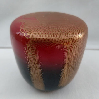 Hosoi Masao Willow Maki-e Natsume Kirikane Gold Mesh Vermillion Tea Caddy