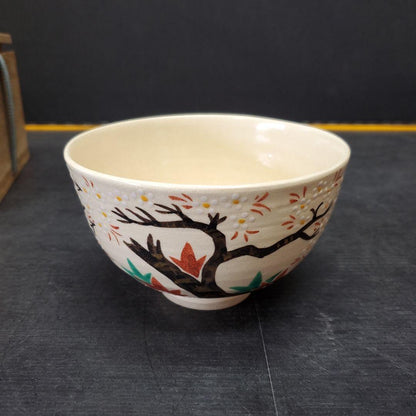 Nisei Kitaho Kyo-yaki Tea Bowl 'Yukimoyou' - Plum Blossom and Snow with Signed Box