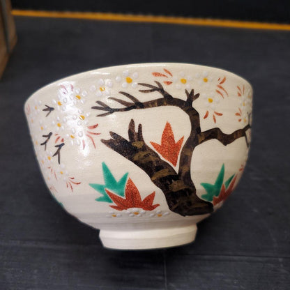 Nisei Kitaho Kyo-yaki Tea Bowl 'Yukimoyou' - Plum Blossom and Snow with Signed Box