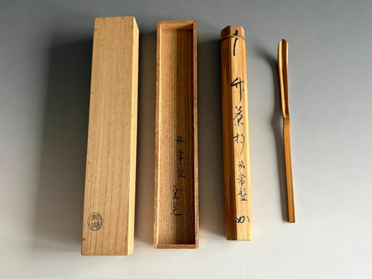 Bamboo Tea Scoop 'Tokiwa' by Horinouchi Sokan Kenchusai XII, Omotesenke Choseian Master, Chashaku with Signed Bamboo Tube and Tomobako