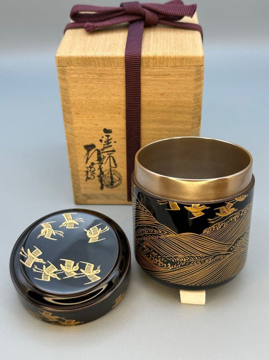 Gold Maki-e Lacquer Natsume Tea Caddy — Waves and Plovers by Tsuji Sekisai, Kyoto Lacquer, Signed Box