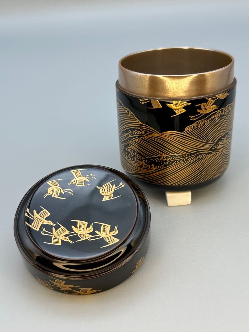 Gold Maki-e Lacquer Natsume Tea Caddy — Waves and Plovers by Tsuji Sekisai, Kyoto Lacquer, Signed Box