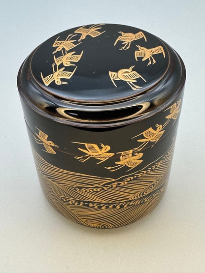 Gold Maki-e Lacquer Natsume Tea Caddy — Waves and Plovers by Tsuji Sekisai, Kyoto Lacquer, Signed Box
