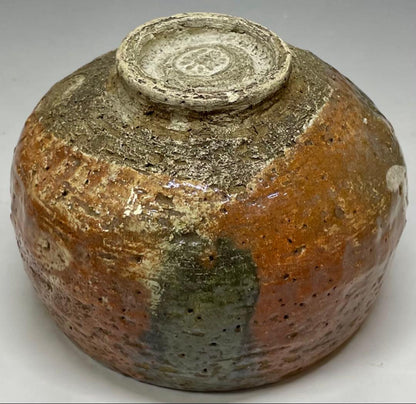 Owari Red Raku Tea Bowl with White Slip Flower Design - Omugi-en Chawan with Box