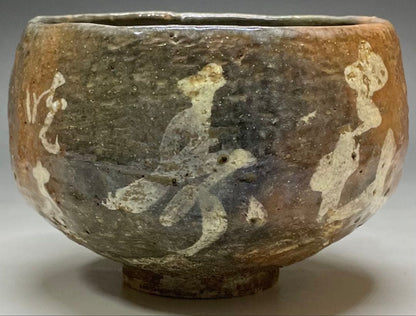 Owari Red Raku Tea Bowl with White Slip Flower Design - Omugi-en Chawan with Box