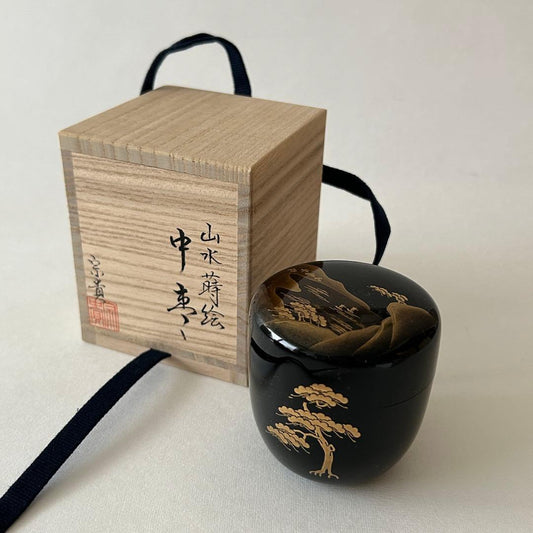 Wajima Lacquer Natsume Tea Caddy with Sansui Maki-e by Kitahama Soki
