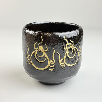 Kuro Raku Chawan by Sasaki Shoraku — Chonyu-Style Black Tea Bowl with Gold Flame Motif, Signed by Fukumoto Sekio of Daitoku-ji