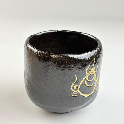 Kuro Raku Chawan by Sasaki Shoraku — Chonyu-Style Black Tea Bowl with Gold Flame Motif, Signed by Fukumoto Sekio of Daitoku-ji